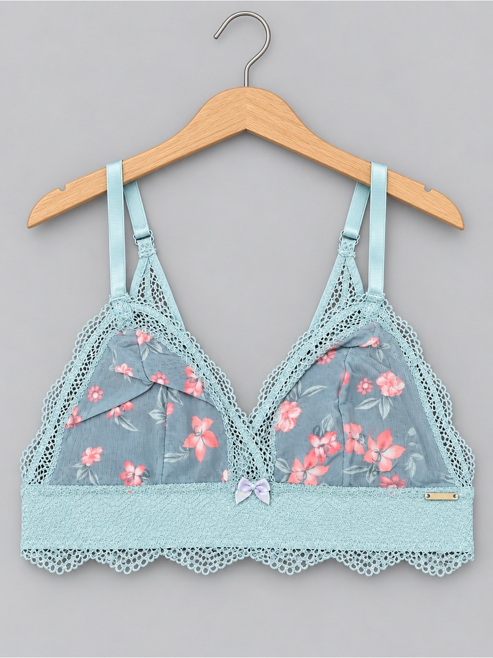 🍒3/33$ La Vie En Rose Light Blue Floral Lace Bralette with Pink Flowers
